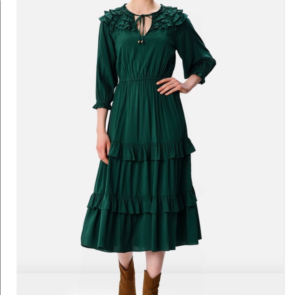eShakti Ruffle Tiered Green Peasant Dress